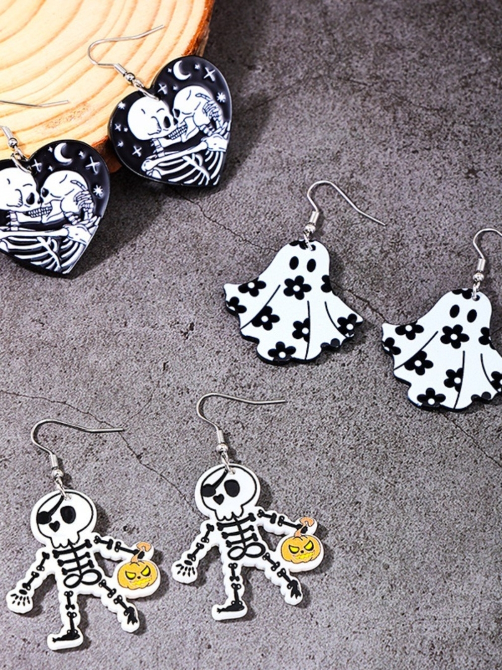 Silver-Plated Halloween Skeleton & Ghost Earring Set - Black & White